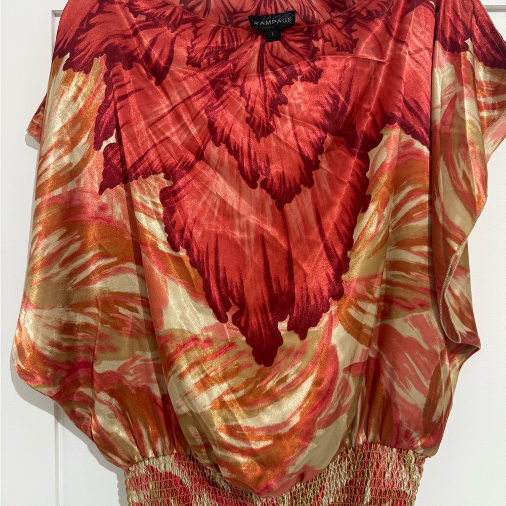 Rampage Women's Red and Gold Floral Satin Blouson Top